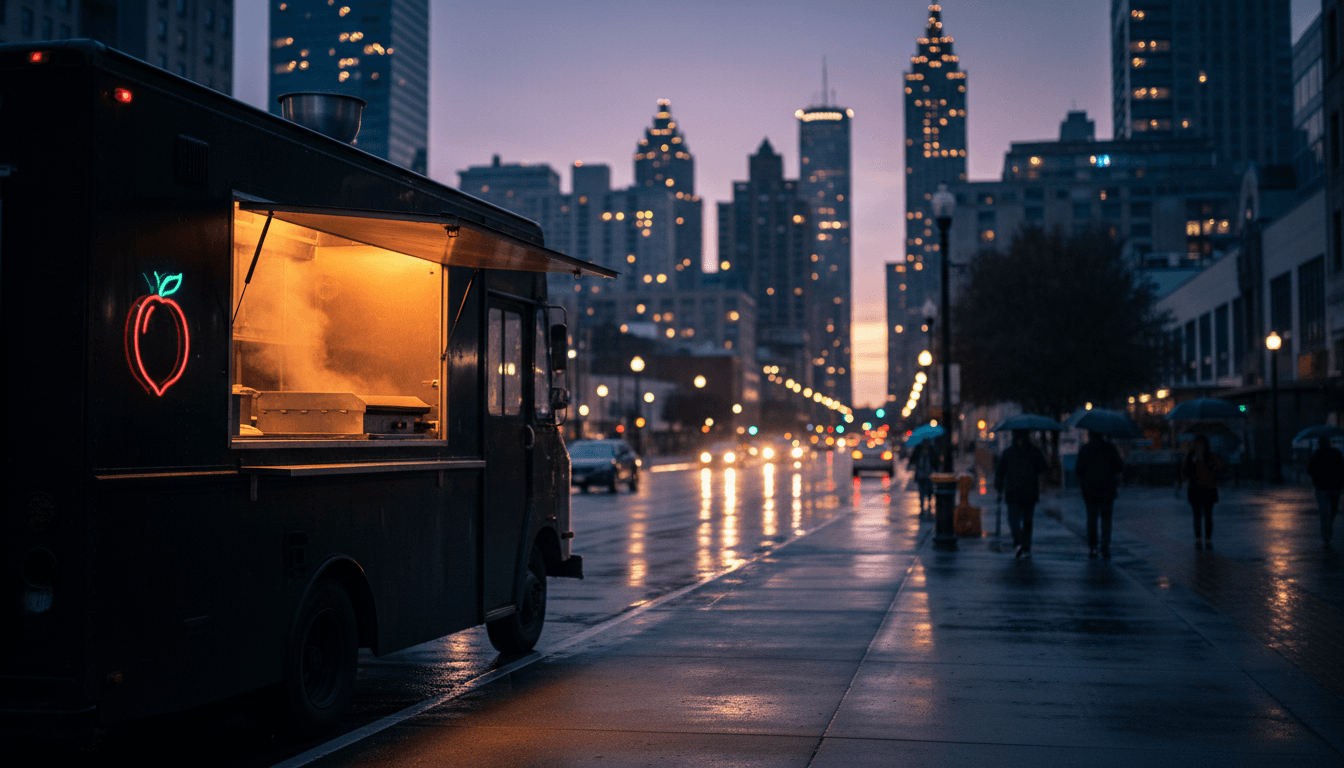 Sleek black food truck glowing warmly on an Atlanta street at dusk