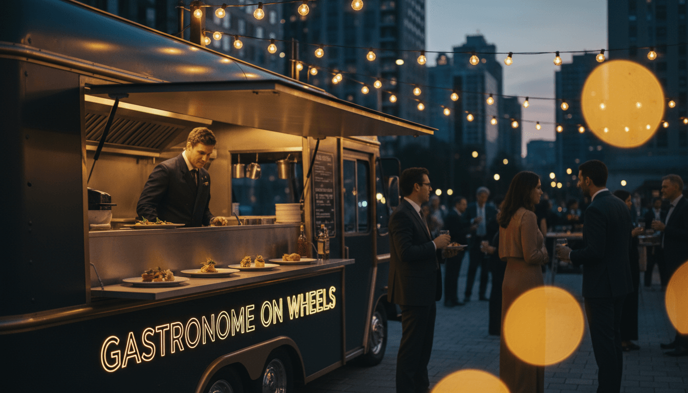 Upscale mobile catering food truck glowing at an elegant evening event