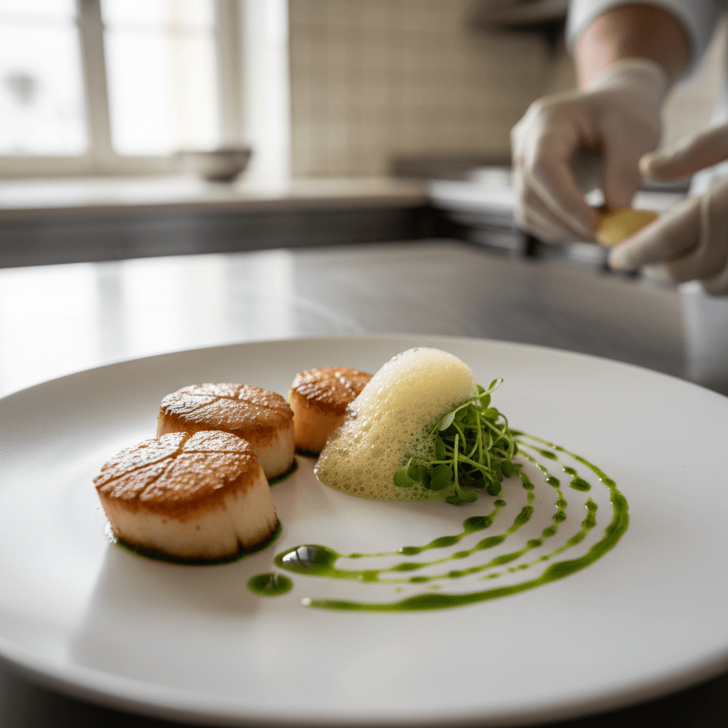 Close-up of a plated canape on dark stoneware, microgreens and gold-leaf garnish, warm restaurant lighting, editorial food photography