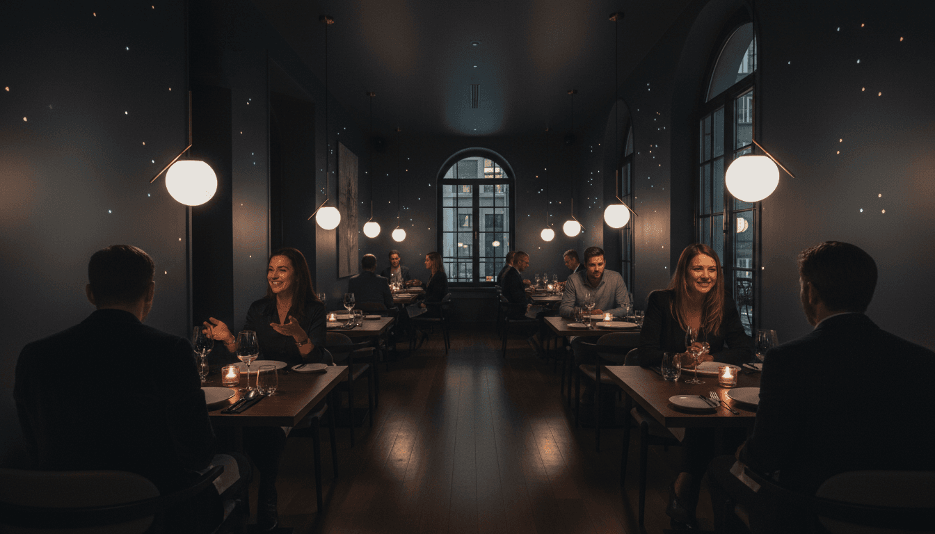 Elegant modern restaurant interior with warm lighting and stylish guests