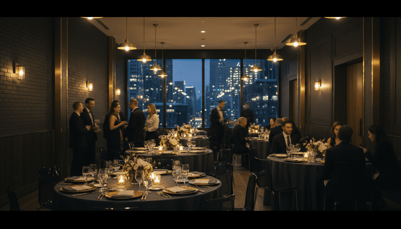Upscale mobile catering event at dusk in Atlanta with warm ambient lighting