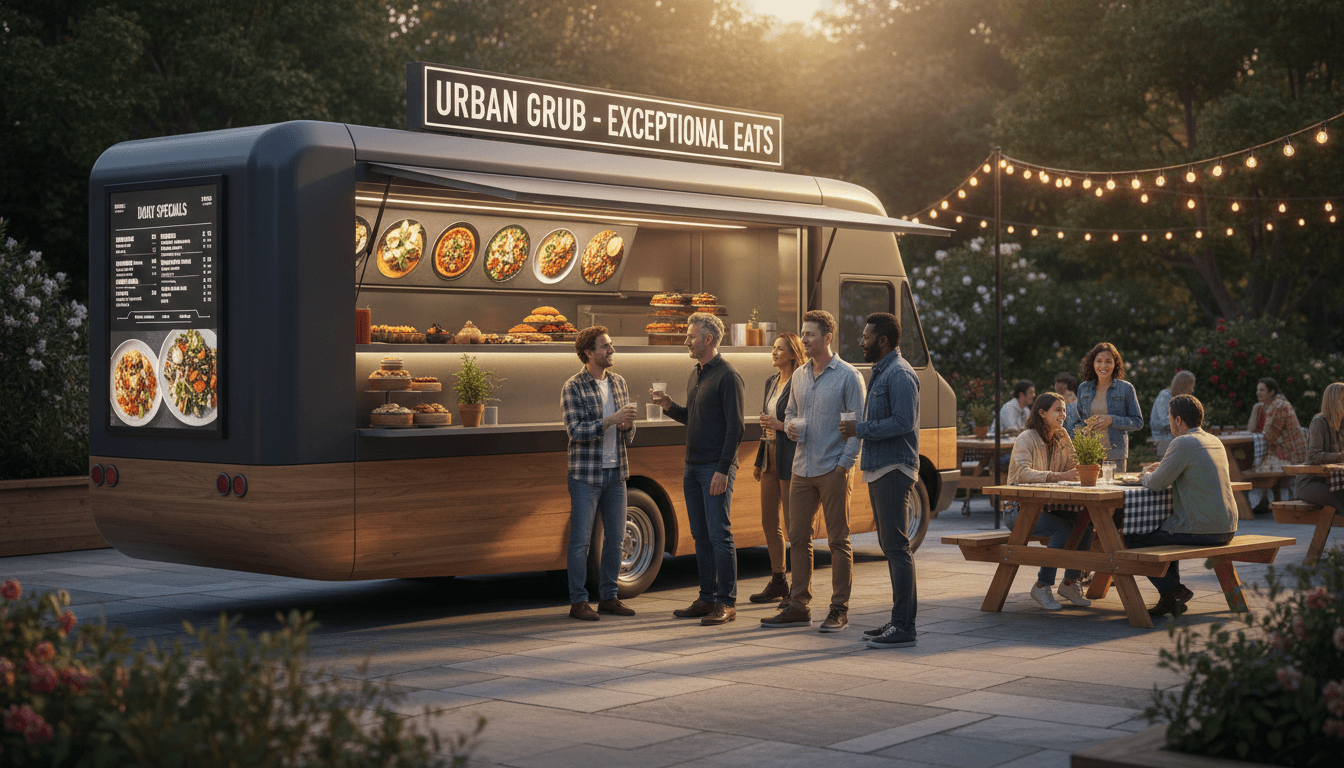 Upscale food truck serving professionals at a corporate event