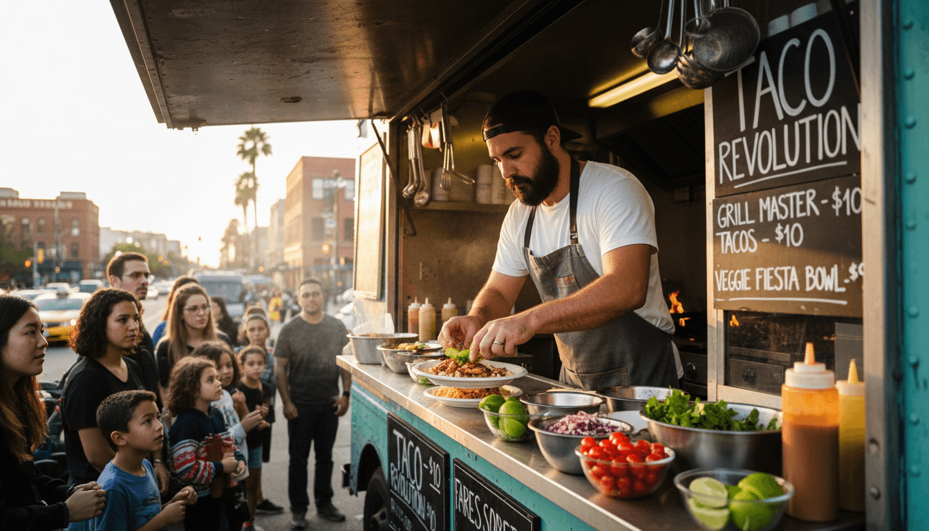 Modern black food truck with warm lighting at an upscale evening event
