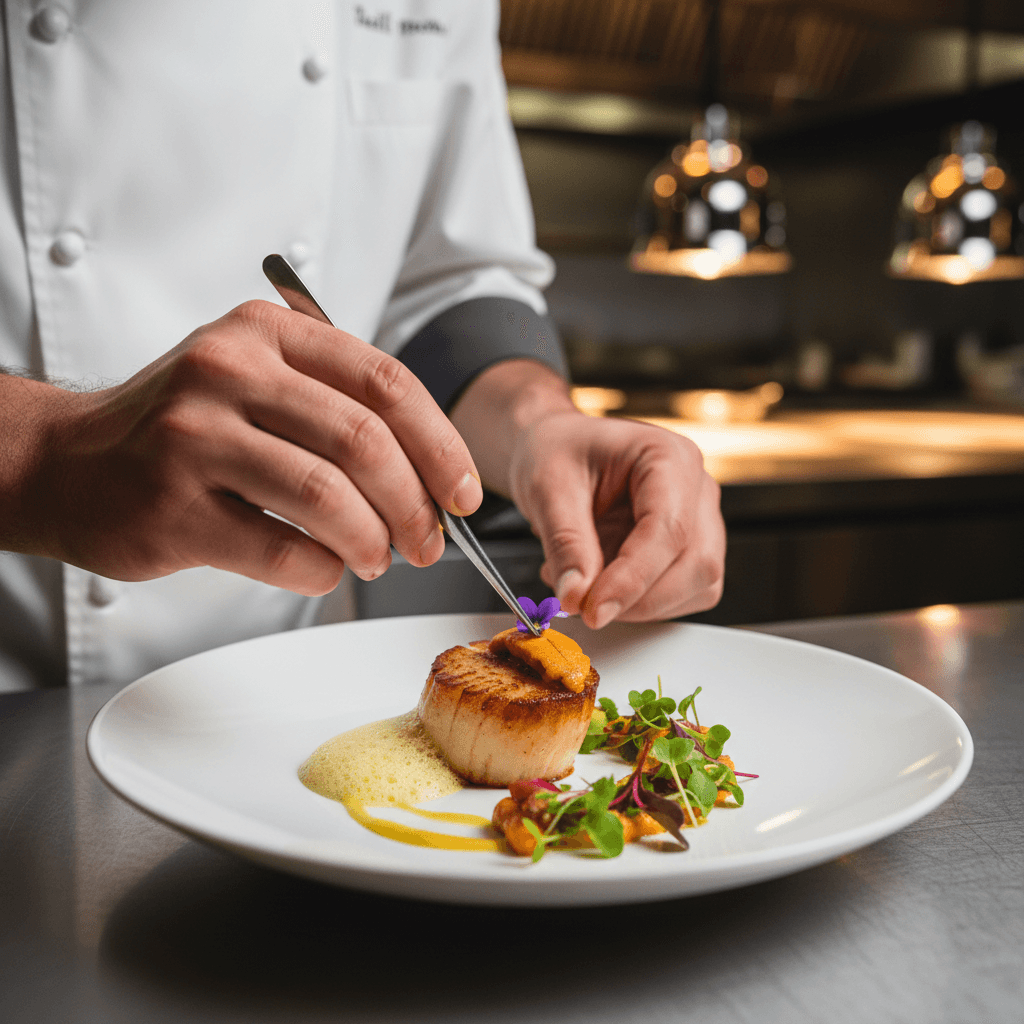 Close-up of a chef plating seared salmon with sauce and radish