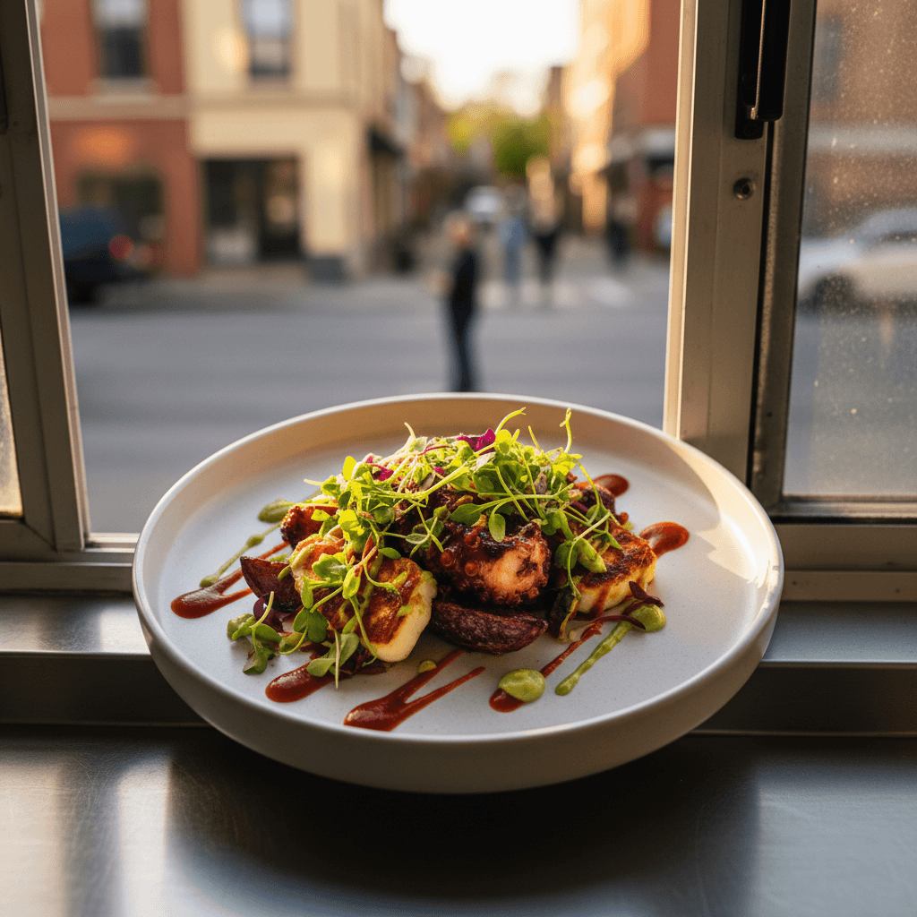 Upscale black food truck at an evening event, chef serving a plated elevated street dish