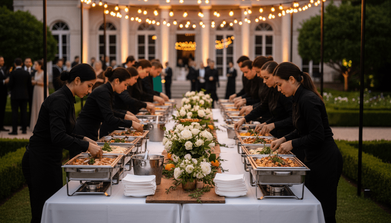 Outdoor tented reception table being set with linens, glassware, and chafing dishes at dusk, catering team in motion