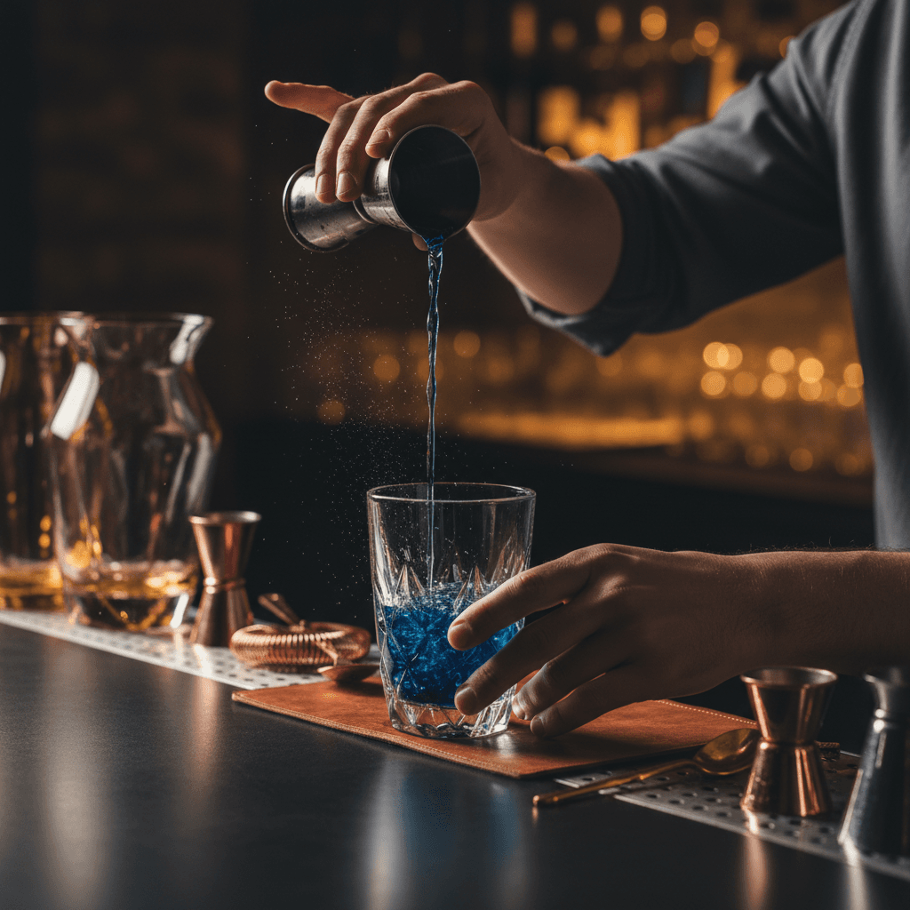Close-up of a cocktail being poured over clear ice at the truck counter