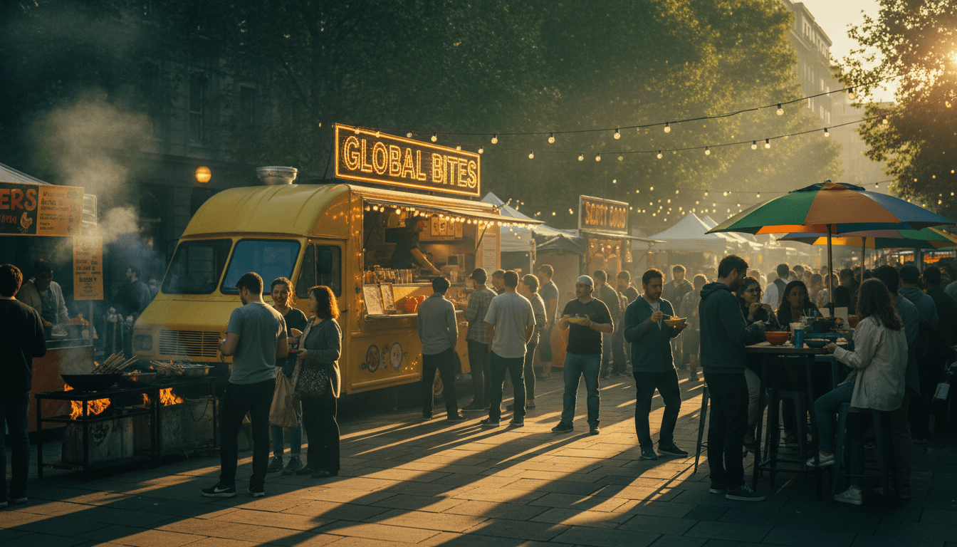 Food truck serving a lively crowd at an outdoor festival