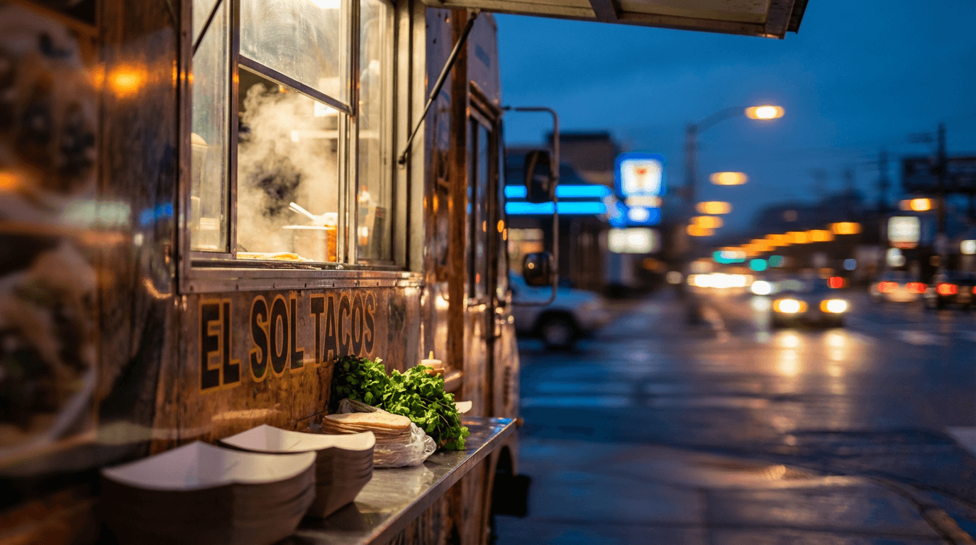 Sleek matte black food truck at a chic evening event in Atlanta