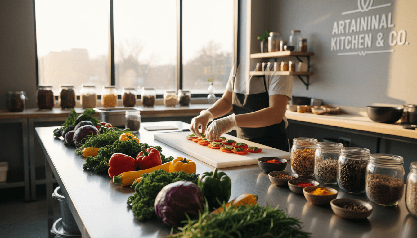 Wooden prep table with bunches of herbs, heirloom tomatoes, citrus, and whole fish, natural window light in a professional kitchen