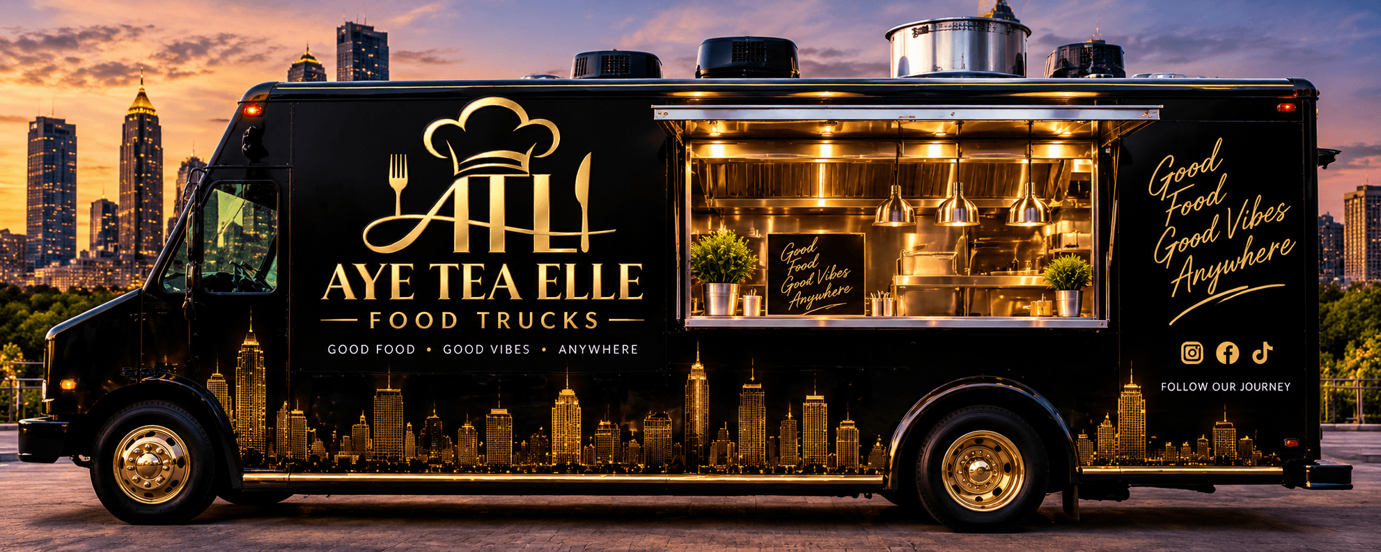 Black food truck with gold Aye Tea Elle branding parked against a sunset city skyline.